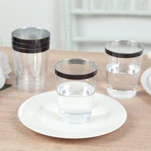 25-Pack Plastic Tumbler Cups 10oz Clear with Black Rim - Disposable Crystal Drinking Glasses for Parties